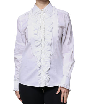 Top de algodón blanco con cuello con volantes y mangas largas de Dolce &amp; Gabbana