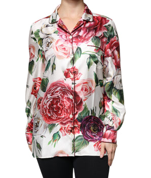 Dolce &amp; Gabbana White Peony Silk Long Sleeves Collared Blouse Top