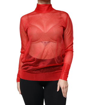 Dolce &amp; Gabbana Red Mesh Turtleneck Long Sleeve Blouse Top