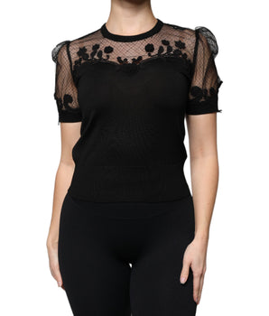Dolce &amp; Gabbana Black Floral Lace Short Sleeves Blouse Top