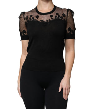 Dolce &amp; Gabbana Black Floral Lace Short Sleeves Blouse Top