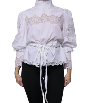 Blusa de cuello alto con ribete de encaje de algodón blanco de Dolce &amp; Gabbana