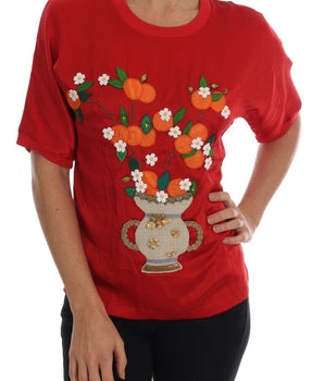 Dolce & Gabbana Red Silk Floral Embroidered Elegance Top Dolce & Gabbana 