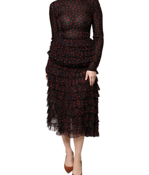 Dolce &amp; Gabbana Black Red Polka Dot Silk Layered Midi Dress
