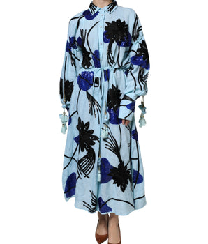 Christian Pellizzari Light Blue Floral Embellished Shirt Maxi Dress