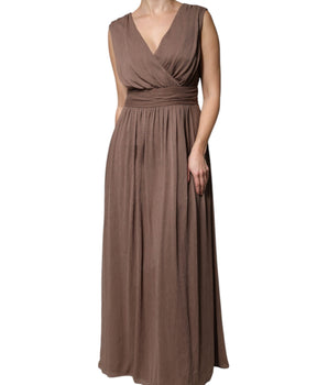 Peserico Brown Sleeveless Deep V-neck A-line Long Maxi Dress