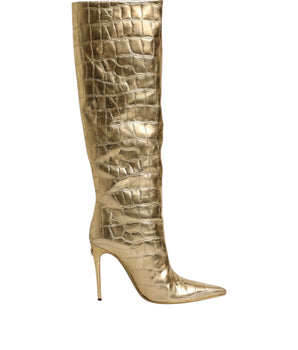 Dolce &amp; Gabbana Gold Leather Stiletto Heels High Boots Shoes