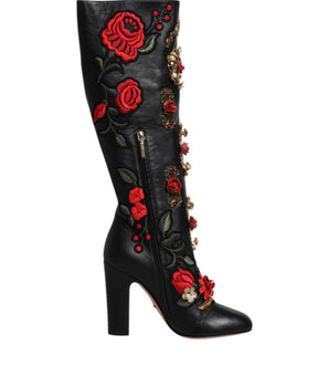 Dolce &amp; Gabbana Black Roses Embellished Leather Heel Boots Shoes