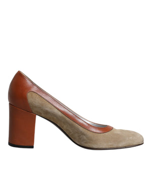 Dolce &amp; Gabbana Beige Brown Leather Block Heels Pumps Shoes