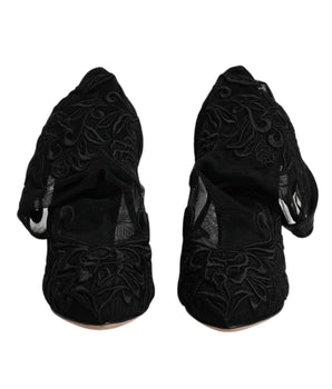 Dolce &amp; Gabbana Black Tulle Stretch Heels Mid Calf Boots Shoes