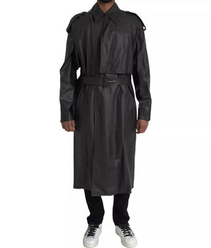 Bottega Veneta Black Leather Men Waterproof Trenchcoat Jacket