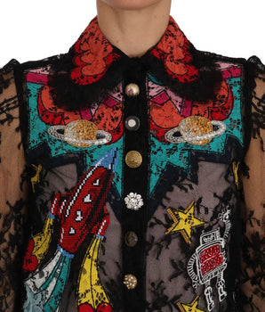 Dolce &amp; Gabbana Floral Lace Embroidered Blouse with Crystals