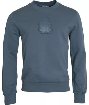 Dolce &amp; Gabbana Blue Cotton Logo Patch Crew Neck Men Pullover Sweater