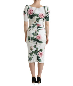 Dolce &amp; Gabbana White Roses Print Stretch Silk Pleated Dress