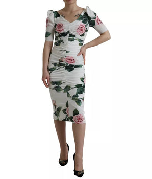 Dolce &amp; Gabbana White Roses Print Stretch Silk Pleated Dress