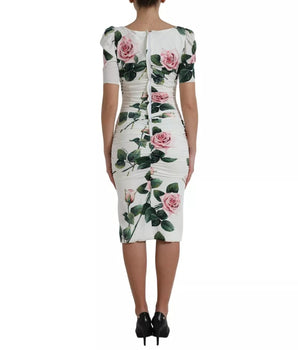 Dolce &amp; Gabbana White Roses Print Stretch Silk Pleated Dress