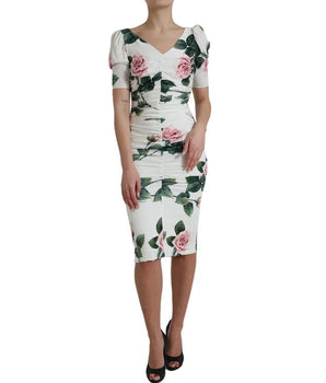 Dolce &amp; Gabbana White Roses Print Stretch Silk Pleated Dress