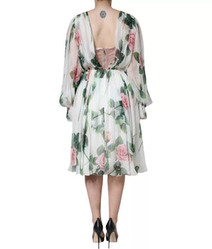 Dolce &amp; Gabbana White Silk Floral Print A-line Midi Dress