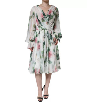 Dolce &amp; Gabbana White Silk Floral Print A-line Midi Dress