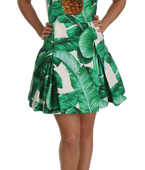 Dolce &amp; Gabbana Elegant Green Banana Leaf Print A-Line Dress