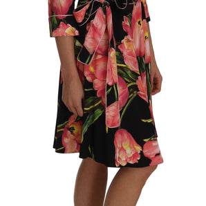 Dolce &amp; Gabbana Elegant Black Shift Dress with Pink Tulips Print