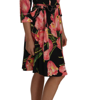 Dolce & Gabbana Elegant Black Shift Dress with Pink Tulips Print Dolce & Gabbana 