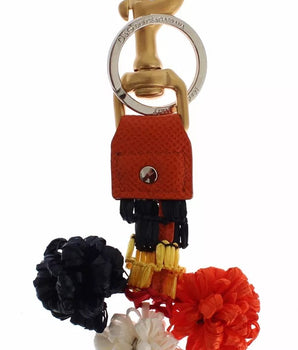 Dolce &amp; Gabbana Brown Gold Raffia Leather Clasp Finder Chain Keyring