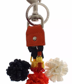 Dolce &amp; Gabbana Silver Brown Raffia Leather Clasp Finder Chain Keyring