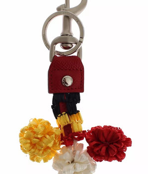 Dolce &amp; Gabbana Silver Brown Raffia Leather Clasp Finder Chain Keyring