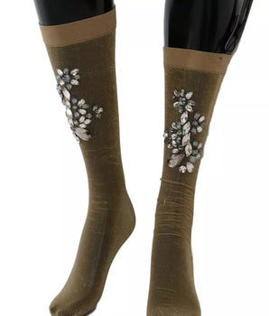 Dolce &amp; Gabbana Gold Stretch Floral Clear Crystal Stocking Socks