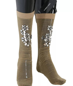 Dolce &amp; Gabbana Gold Stretch Floral Clear Crystal Stocking Socks