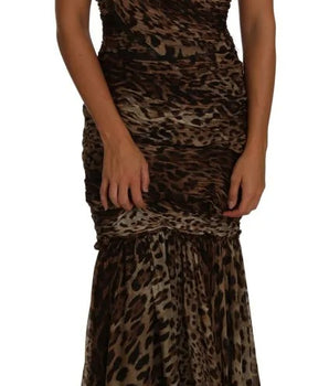 Dolce &amp; Gabbana Brown Leopard Silk Chiffon Ruched Mermaid Maxi Dress