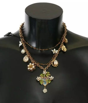 Dolce &amp; Gabbana Gold Brass Crystal Floral Statement Charms Necklace