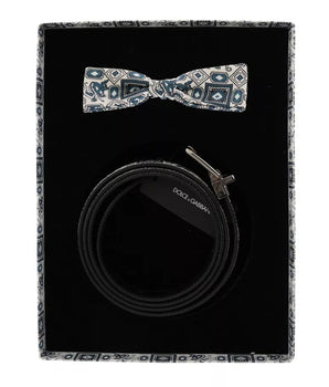 Dolce &amp; Gabbana White Blue Silk Bowtie Leather Belt Gift Box Set