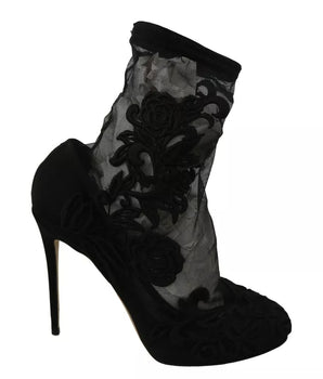 Dolce &amp; Gabbana Black Tulle Stretch Floral Booties Shoes