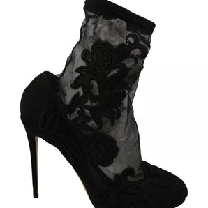 Botines florales elásticos de tul negro de Dolce &amp; Gabbana