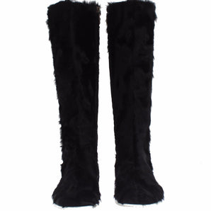 Dolce &amp; Gabbana Elegant Black Fur Leather Flat Sneaker Boots