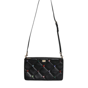 Dolce & Gabbana Black Leather Crystal Embellished Logo Shoulder Bag