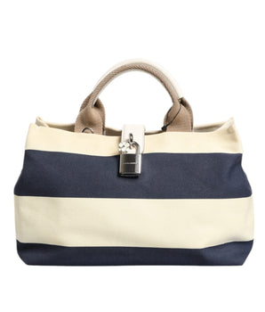 Dolce &amp; Gabbana White Navy Striped Canvas Top Handle Tote Bag