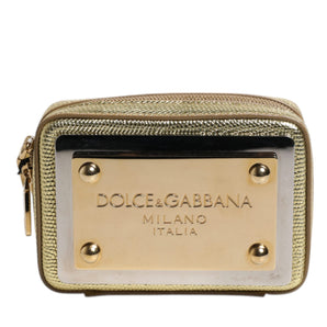 Dolce & Gabbana Gold Leather DG Logo Plaque Zip Around Clutch Bag