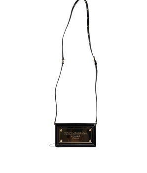 Dolce &amp; Gabbana Black Patent Leather Logo Plaque Crossbody Bag
