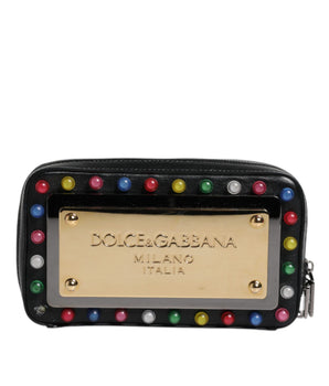Dolce &amp; Gabbana Black Leather LED Logo Wrist Strap Clutch Bag