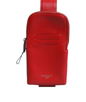 Dolce &amp; Gabbana Red Leather Logo Zip Around Card Holder Wide Strap Wallet