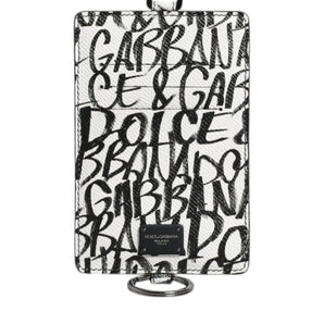 Dolce &amp; Gabbana White Leather Lanyard Logo Print Card Holder Wallet