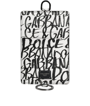 Dolce &amp; Gabbana White Leather Lanyard Logo Print Card Holder Wallet