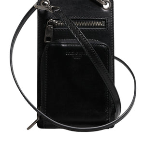 Dolce &amp; Gabbana Black Horse Leather Zip Logo Shoulder Neck Strap Wallet
