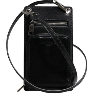 Dolce &amp; Gabbana Black Horse Leather Zip Logo Shoulder Neck Strap Wallet