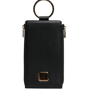 Dolce &amp; Gabbana Black Leather Logo Plaque Neck Strap Card Coin Wallet