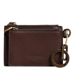Dolce &amp; Gabbana Brown Leather Zip Logo Keyring Coin Purse Keyring Wallet