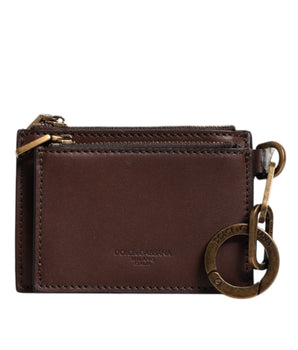 Dolce &amp; Gabbana Brown Leather Zip Logo Keyring Coin Purse Keyring Wallet